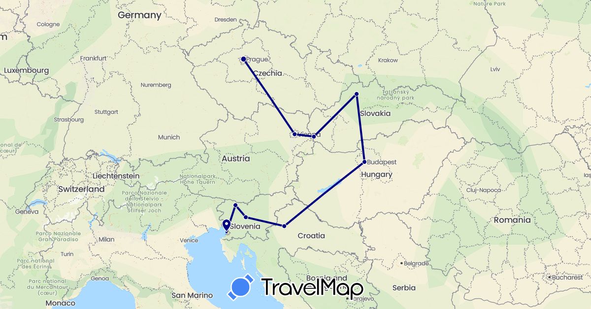 TravelMap itinerary: driving in Austria, Czech Republic, Croatia, Hungary, Italy, Slovenia, Slovakia (Europe)